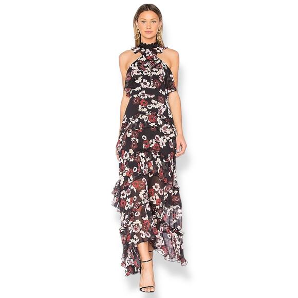 New w/Tag NICHOLAS silk floral ruffle tiered asymmetrical Goddess gown - Picture 6 of 17